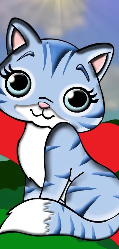 Cute blue cartoon kitten with big eyes and heart-shaped background.