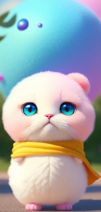 Fluffy cartoon kitten with blue eyes and yellow scarf on a vibrant background.