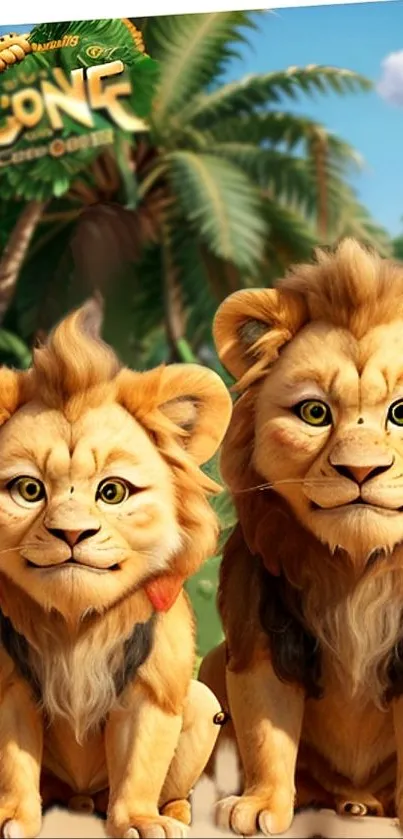 Two cute cartoon lions in a jungle setting with a tropical backdrop.