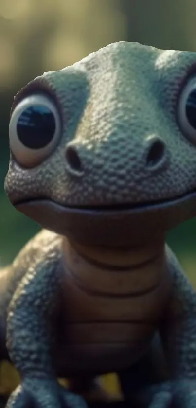 Adorable cartoon lizard with big eyes sitting on green grass.