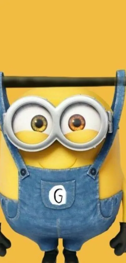 Adorable minion hangs on yellow background in this wallpaper.