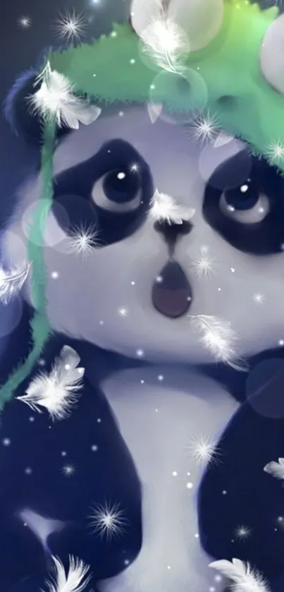 Cartoon panda with frog hat sits under starry sky.