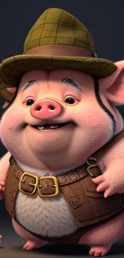 Cute cartoon pig with hat on dark background.