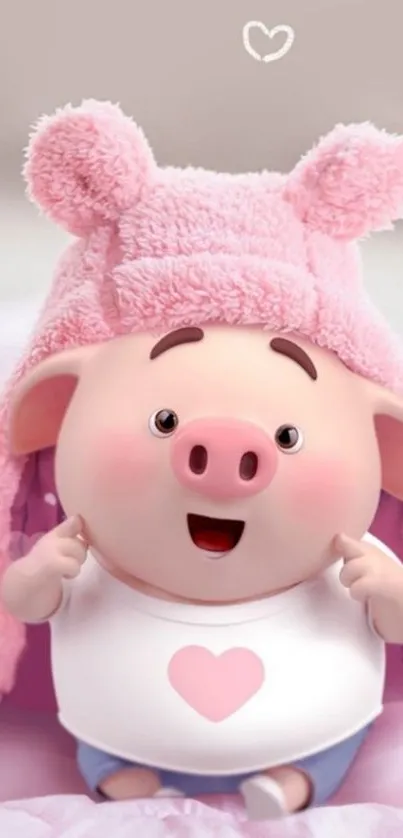 Smiling cartoon pig with pink hat on mobile wallpaper.