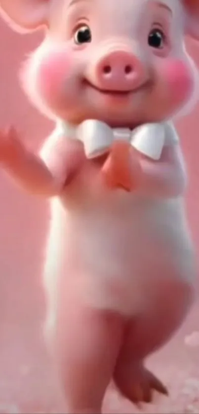 Adorable cartoon piglet with bow tie on pink background.
