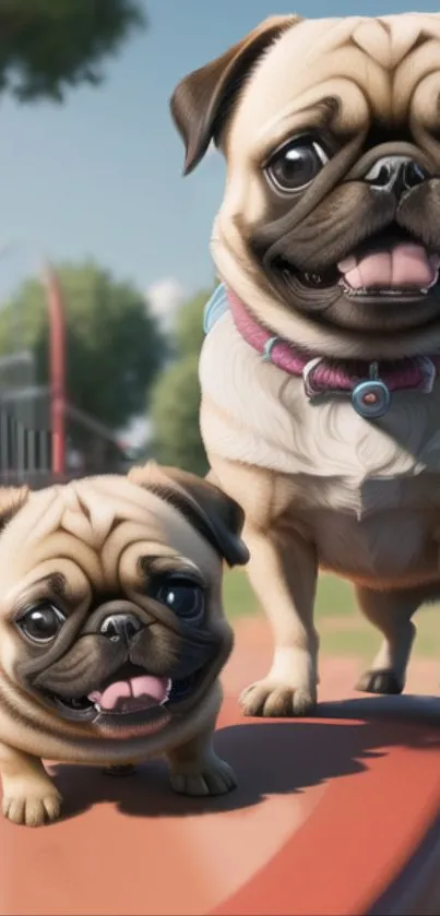 Adorable cartoon pugs on a sunny day.