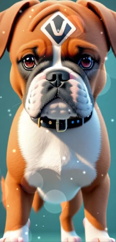 Cartoon puppy with soulful eyes on teal background.