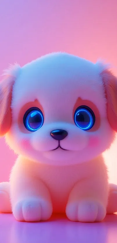 Adorable cartoon puppy with big eyes and a fluffy coat on a colorful background.