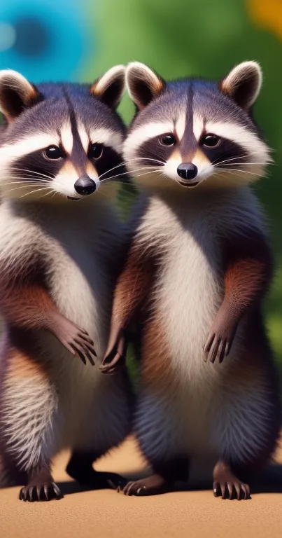 Cartoon raccoons standing together on a colorful background.