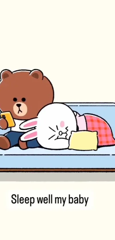 Cartoon bear and bunny relaxing on a couch, conveying a cozy bedtime vibe.