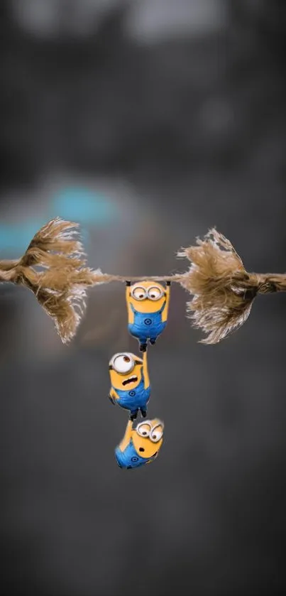 Animated characters humorously hang from a frayed rope.