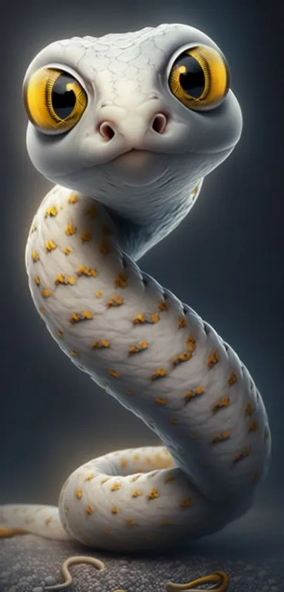 Cute cartoon snake with yellow eyes on a dark background, coiled playfully.