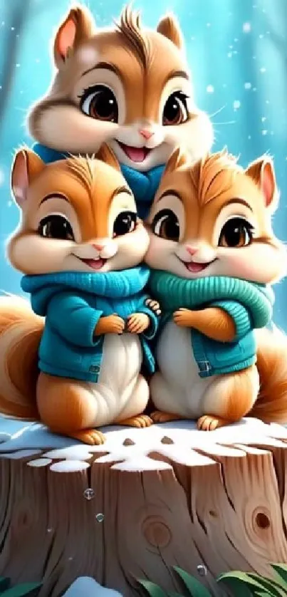 Cartoon squirrels in a snowy forest setting, in cute poses.