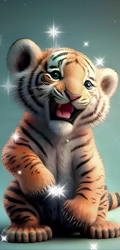 Animated tiger cub with a playful expression on mobile wallpaper.