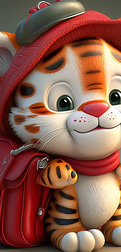 Adorable cartoon tiger cub with red accessories and playful design.