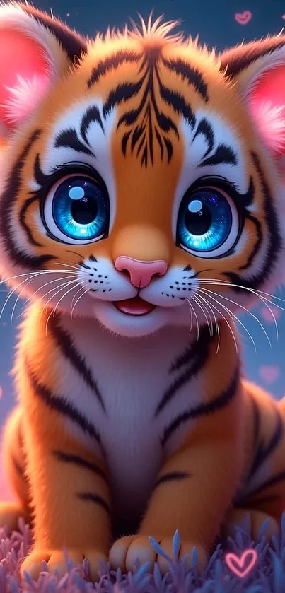 Adorable cartoon tiger cub with big blue eyes and pink hearts.