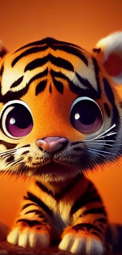 Adorable cartoon tiger with big eyes on orange background.