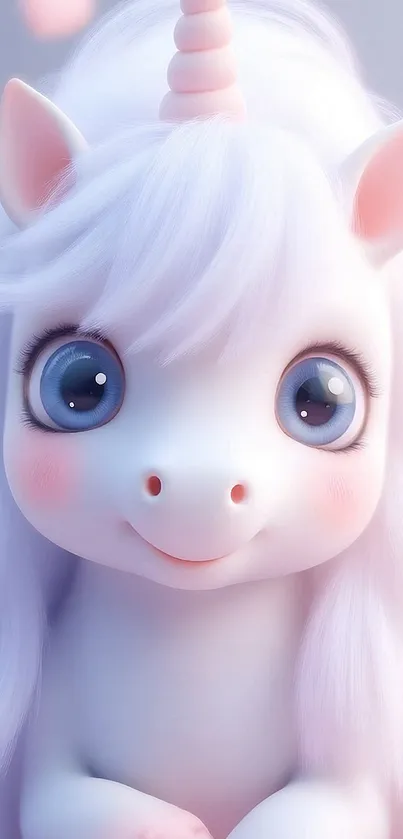 Adorable cartoon unicorn illustration with big eyes and soft colors.