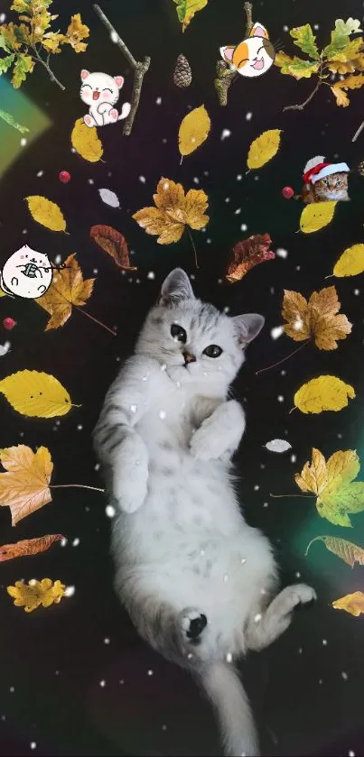 Cute kitten surrounded by falling autumn leaves with a black background.