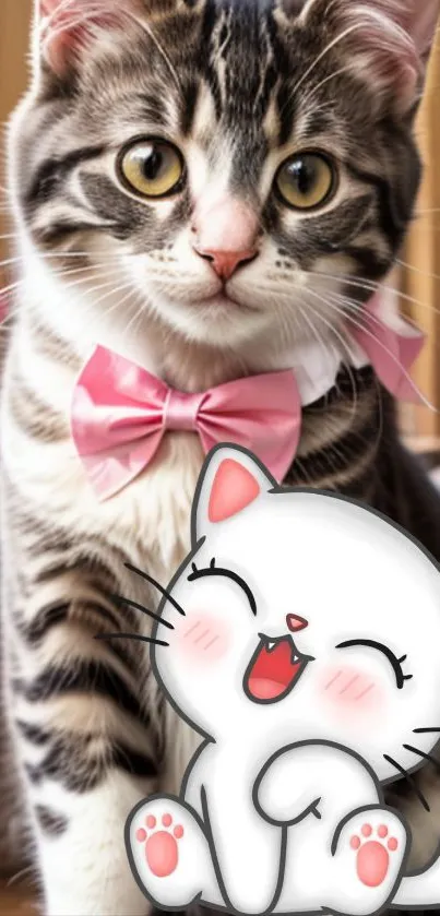 Cute tabby cat with pink bow tie and cartoon cat in cheerful pose wallpaper.