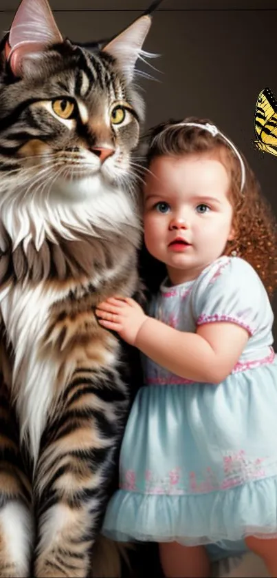 A cute toddler with a fluffy cat and a butterfly in a warm-toned setting.