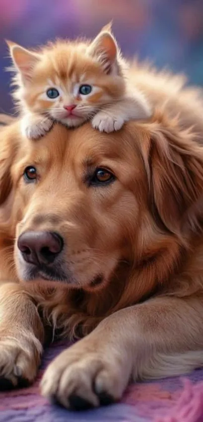 Cute kitten resting on a golden dog.