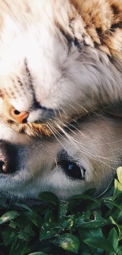 Cute cat and dog lying together in greenery.