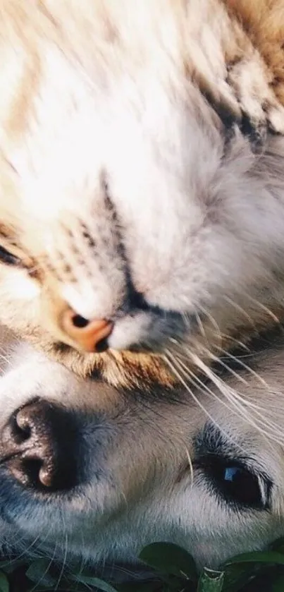 Adorable cat and dog nestled together.