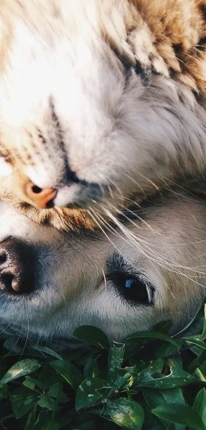 Cuddling cat and dog on green grass wallpaper.