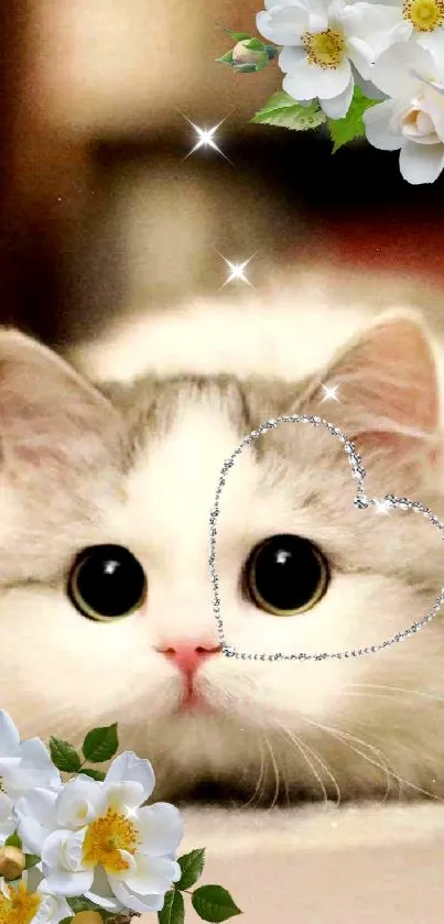 Cute fluffy kitten with flowers and diamond heart, ideal for mobile wallpaper.