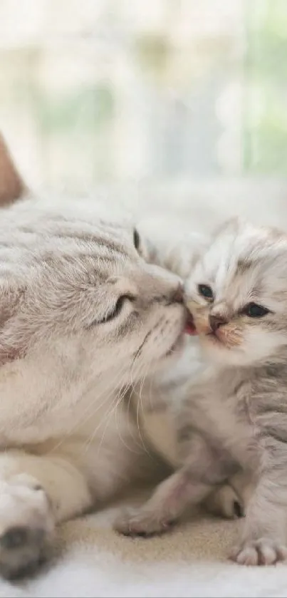 Gray cat lovingly interacting with a kitten in a soft, pastel setting.