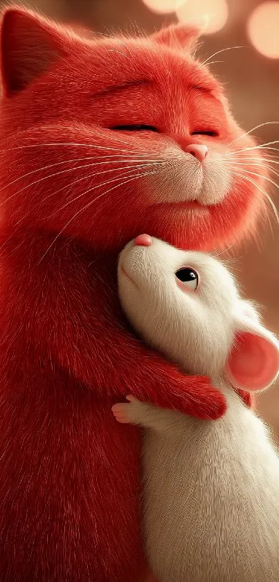 Red cat hugging white mouse with warm lighting.