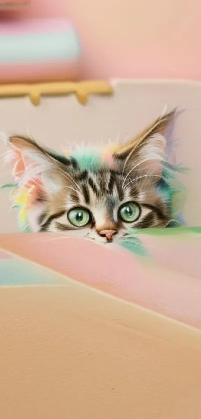 Adorable kitten peeking in pastel art wallpaper.