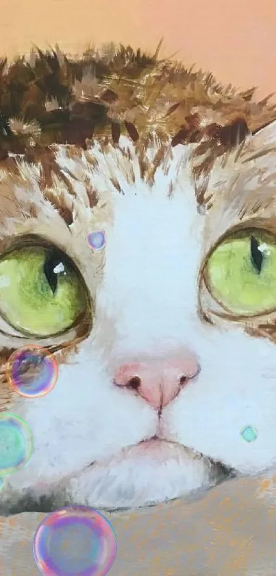 Illustrated cat with green eyes on a peach background.