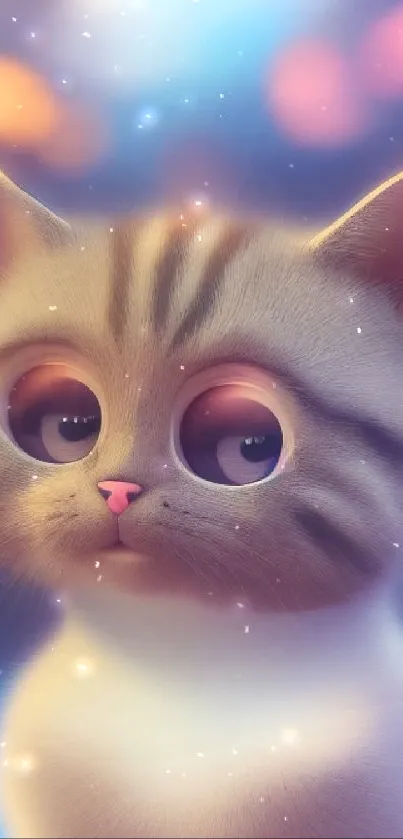 Cute animated cat with big eyes in a soft, dreamy background.