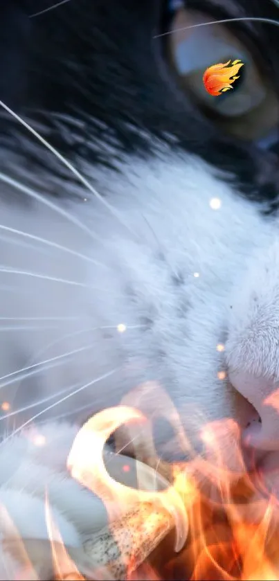 Close-up of a black and white cat chewing on a stick.