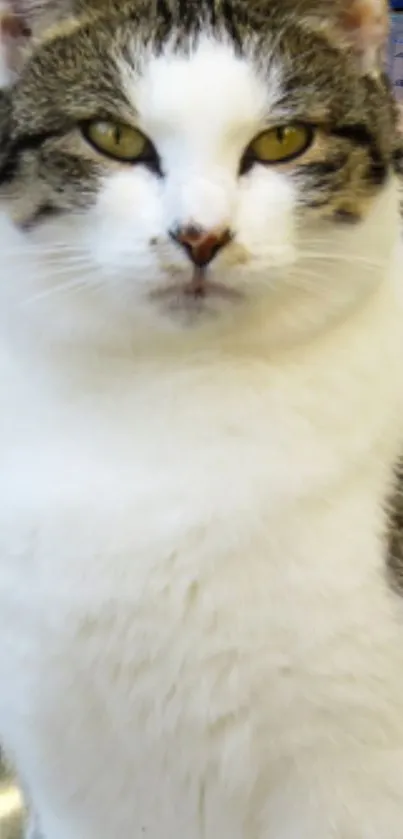 Close-up of adorable cat with white and tabby fur, gazing intently.