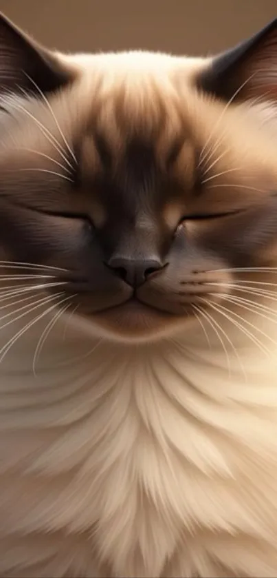 Close-up of a fluffy cat with eyes closed, looking serene.