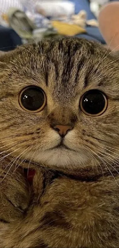 Close-up of an adorable wide-eyed cat in a cozy setting.