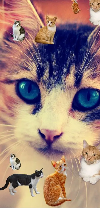 Wallpaper featuring a collage of cute cats with striking blue eyes.