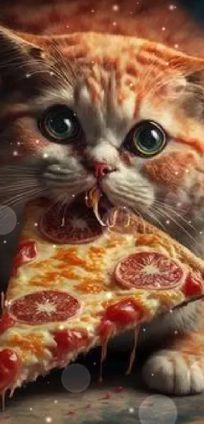 Adorable fluffy cat eats a slice of pizza.