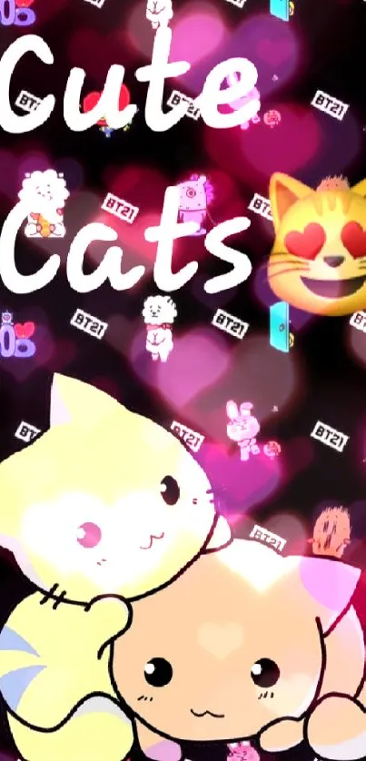 Cute cartoon cats and emojis on a black wallpaper.