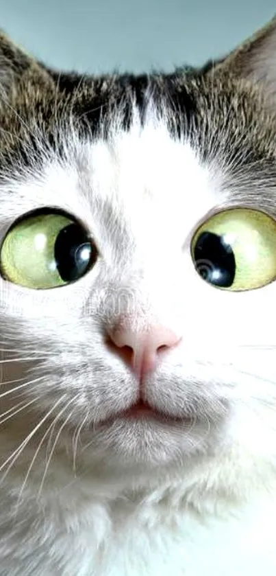 Adorable cat face with green eyes and white fur, perfect for wallpaper.