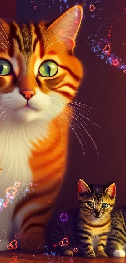 Lifelike illustration of a cute cat family with vibrant orange hues.