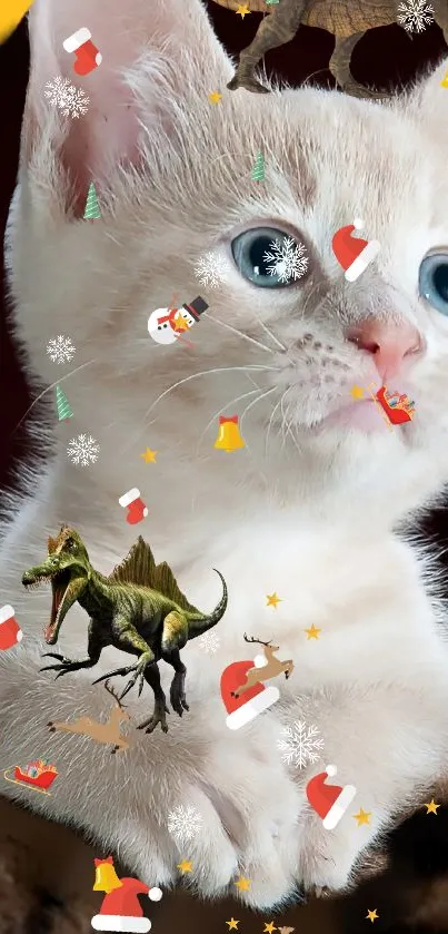 Adorable kitten with festive elements and dinosaur.