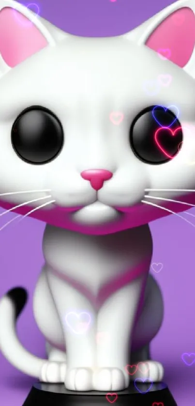 Adorable white cat figurine on a vibrant purple background.