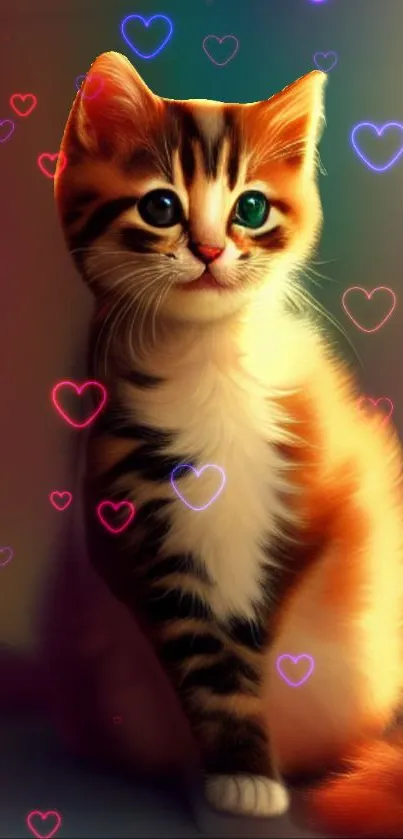 Adorable kitten with vibrant hearts wallpaper.