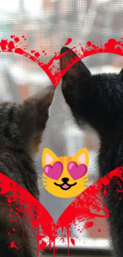 Two cats with red heart frame on wallpaper.