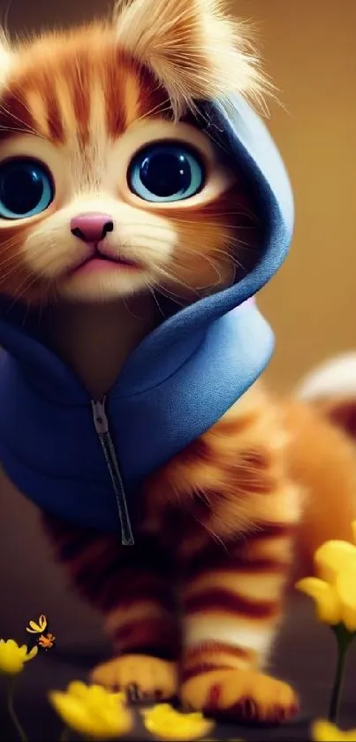 Cute cat in a blue hoodie with big eyes next to yellow flowers on a phone wallpaper.