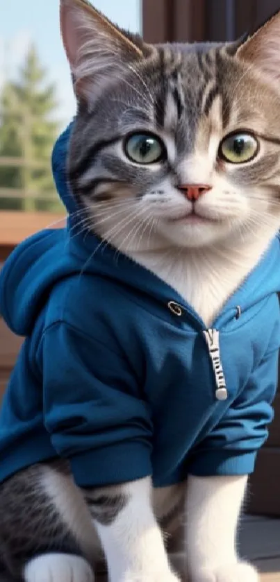 Adorable cat wearing a blue hoodie sits indoors.